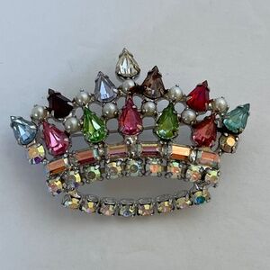 Vintage SIGNED B David Crown Brooch Pin AB & Multi-color Rhinestones Faux Pearl
